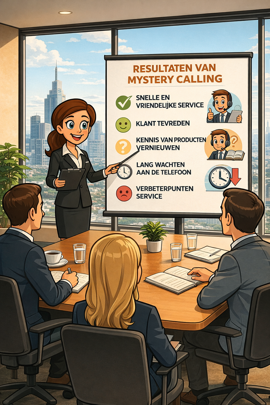 Presentatie over mystery shopping aan een team in een vergaderzaal